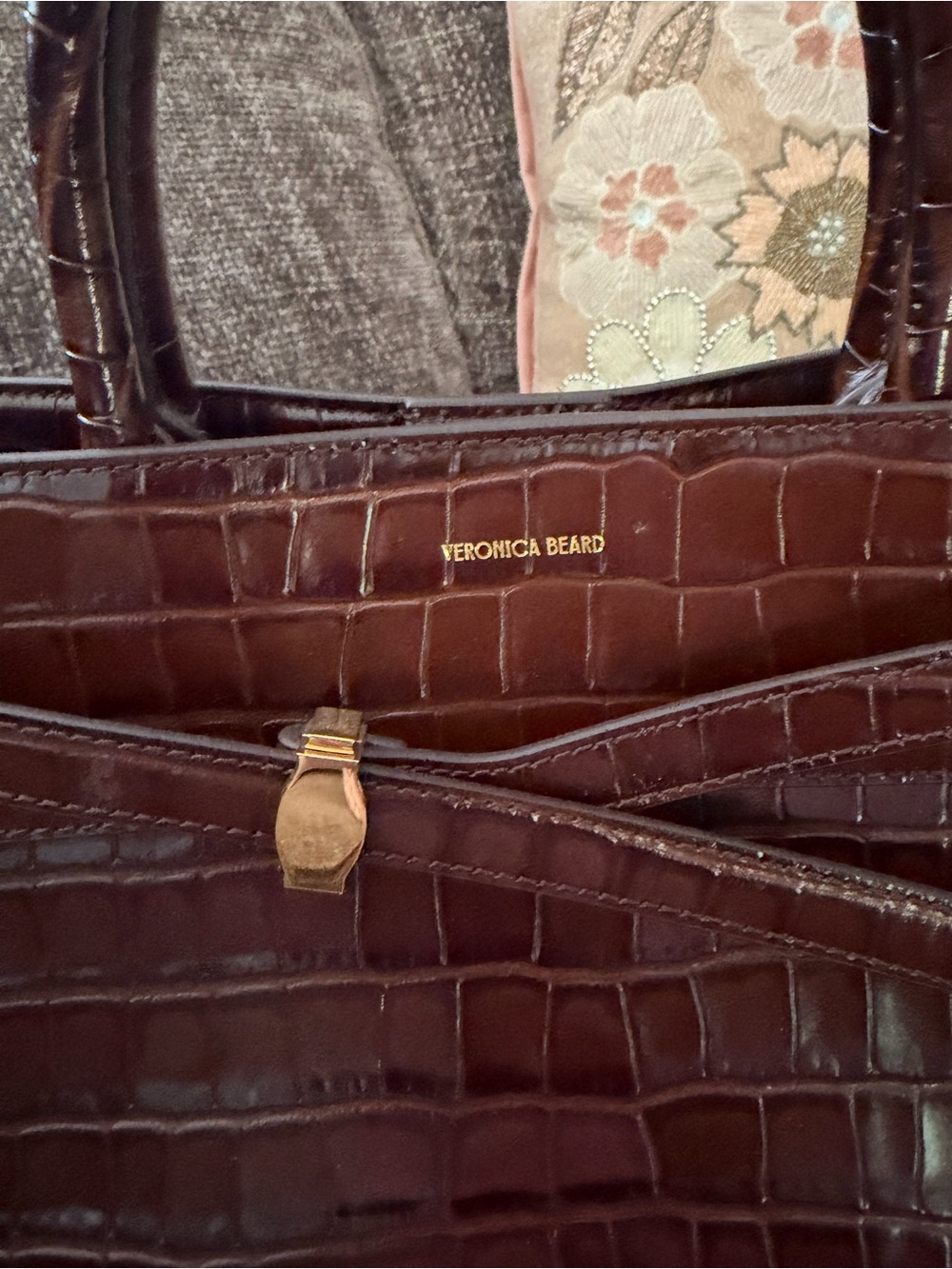 Veronica Beard Dash Bag Croc-Embossed Leather  Structured  Chestnut Medium - Picture 7 of 9